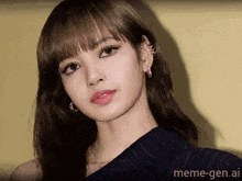a close up of a woman 's face with meme-gen.ai written on the bottom right