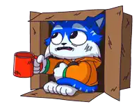 a blue and white cat is sitting in a cardboard box holding a red cup