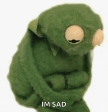 a green kermit the frog stuffed animal is sitting down with its eyes closed and says `` im sad '' .