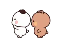 two cartoon bears are standing next to each other and talking to each other .