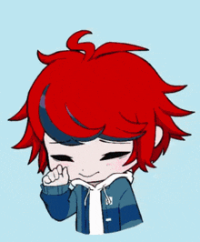 a cartoon character with red hair and blue eyes is wearing a blue jacket