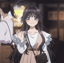 a girl with long purple hair is smiling and holding a purse
