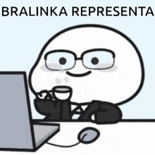 a cartoon character is sitting at a desk with a laptop and a cup of coffee .