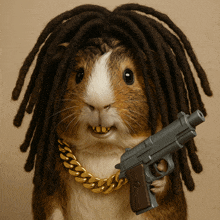 a guinea pig with dreadlocks holding a gun