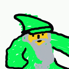 a drawing of a wizard with a green hat holding a bottle