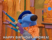 a cartoon bear is holding a brush and says happy birthday andrea