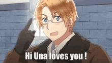 a cartoon character says hi una loves you while pointing up