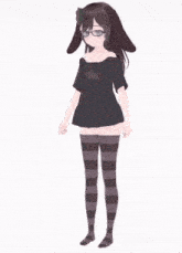 a girl wearing a black shirt and striped socks