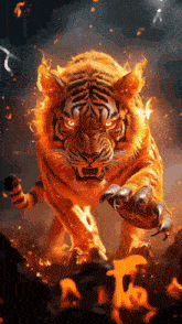 a tiger is surrounded by flames and is walking through the fire .
