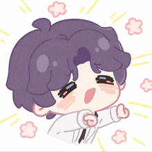 a cartoon drawing of a boy with purple hair and a white shirt