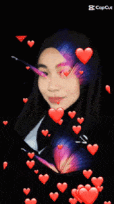 a woman in a hijab is surrounded by hearts and flowers with the caption capcut