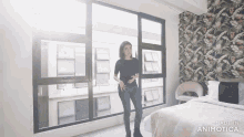 a woman is standing in front of a large window in a bedroom made by animatica