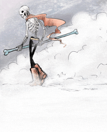 a drawing of a skeleton standing in the snow