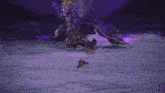a purple monster is being attacked by a small spider