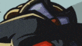 a close up of a cartoon character with a red cape and a helmet .