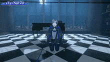 a video game character is kneeling down on a checkered floor .
