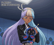 a girl with purple and white hair is holding a clock that says 3 on it