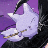 a purple cat is holding a stick in its mouth with a purple background