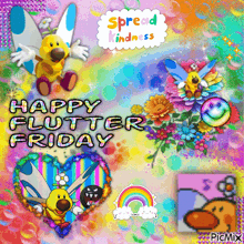 a happy flutter friday greeting card with flowers and a rainbow