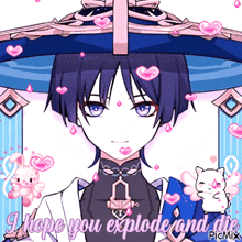 a picture of a boy with the words " i hope you explode and die " on it