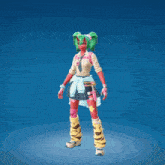 a girl with green hair is sitting on a ladder with her legs crossed