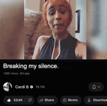 a screenshot of cardi b 's video titled breaking my silence