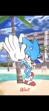 a cartoon of sonic the hedgehog standing next to a palm tree on a beach with the words wait below him