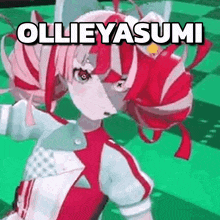a cartoon girl with red and white hair is standing on a checkered floor .