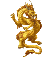 a golden dragon with sharp claws and sharp teeth on a white background