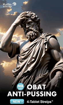 a statue of a man with the words obat anti-pusing written below it