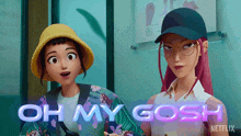 two cartoon characters are standing next to each other with the words oh my gosh written in the background