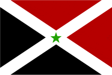 a red black and white triangle with a green star in the middle