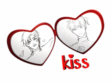 two hearts with drawings inside of them and the word kiss