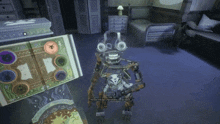 a video game shows a robot in a room with a book on the floor