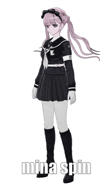 a girl with pink hair is standing in front of a white background with mina spin written below her
