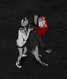 a black and white drawing of a girl and a zombie