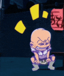 a cartoon character is squatting down in front of a lantern that says ' a ' on it