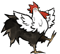 a black and white rooster with a red crest is dancing