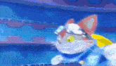 a pixel art of a cat wearing goggles and a blue jacket .