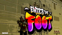 a samurai is standing in front of a graffiti mural that says enter the foot