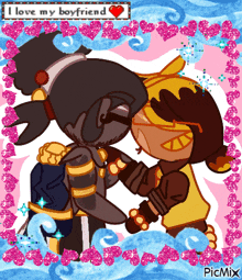 a couple of cartoon characters kissing with the words i love my boyfriend above them