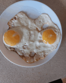 a white plate topped with fried eggs that look like a face