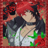 a picture of a man with red hair and a necklace with an x on it