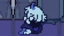 a pixel art of a sheep with horns standing in a dark room in a video game .