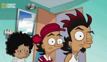 three cartoon characters are standing in a room with comedy central on the bottom