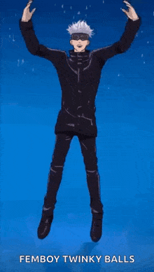 a man in a black suit is dancing in front of a blue background .
