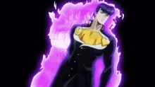 jotaro kujo from jojo 's bizarre adventure is standing in front of a purple background .