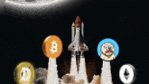 a rocket is flying through the air with a doge coin and a bitcoin coin