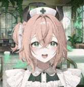a girl with horns and a white nurse hat with a cross on it