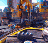 a video game scene with a yellow boat in the foreground and a blue building in the background
